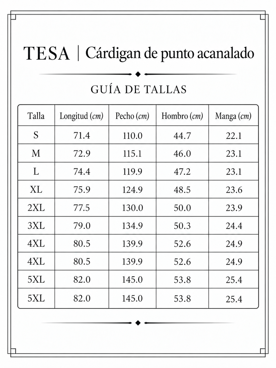 TESA | Cárdigan de punto acanalado size chart