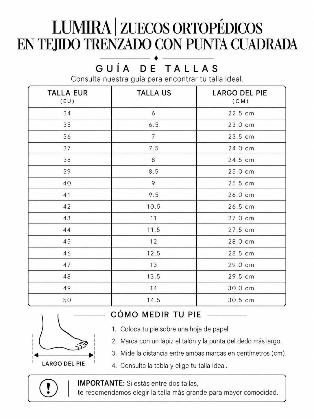LUMIRA┃ Zuecos Ortopédicos en Tejido Trenzado con Punta Cuadrada size chart