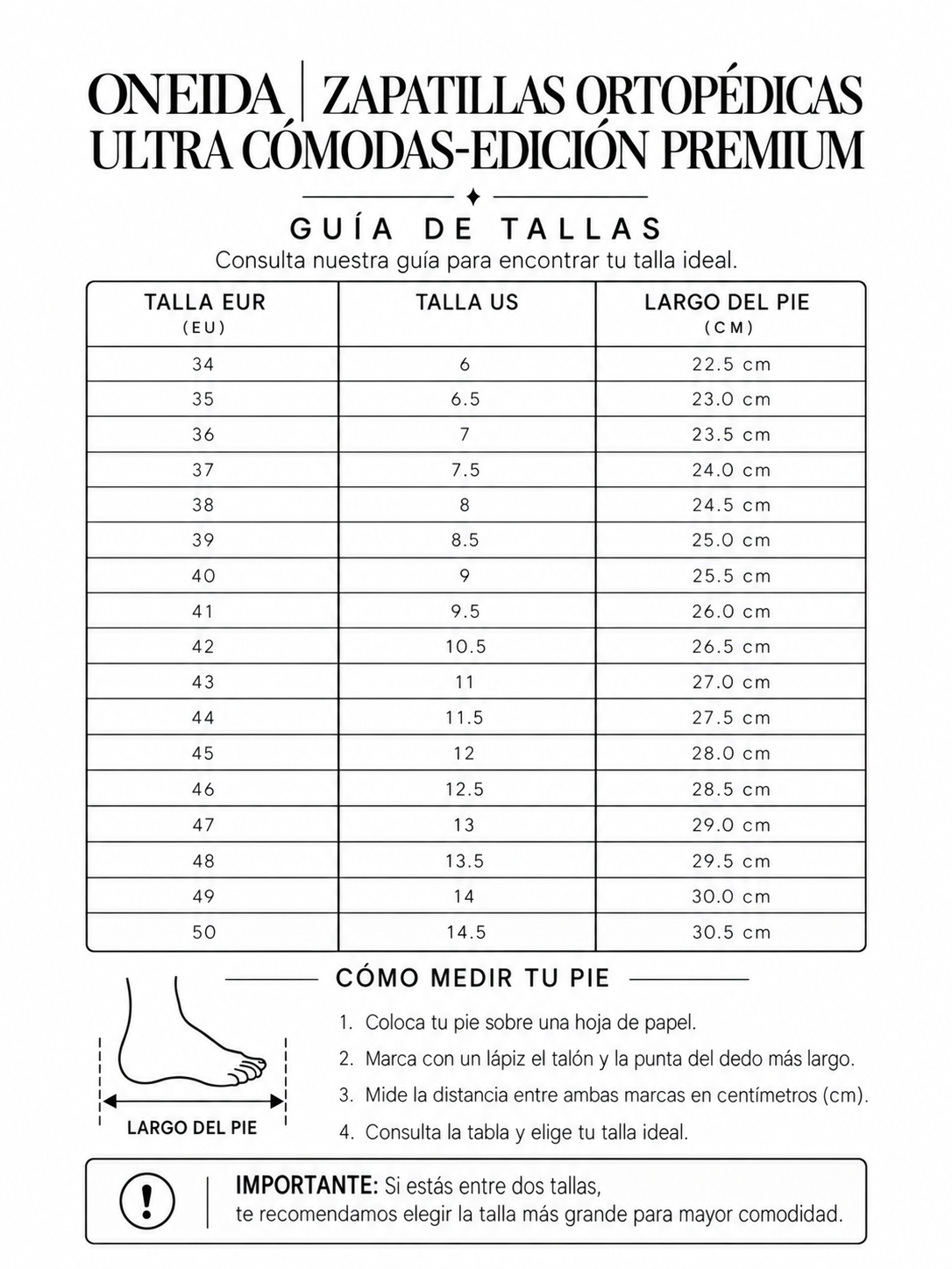 ONEIDA | ZAPATILLAS ORTOPÉDICAS ULTRA CÓMODAS EDICIÓN PREMIUM size chart
