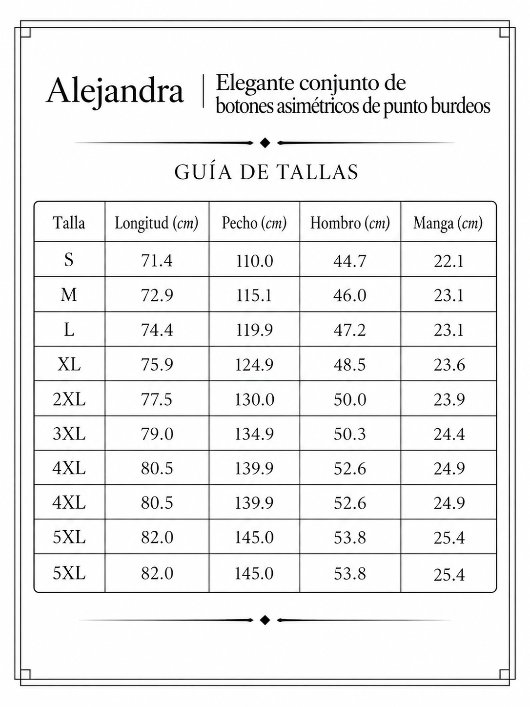 Alejandra | Elegante conjunto de botones asimétricos de punto burdeos size chart
