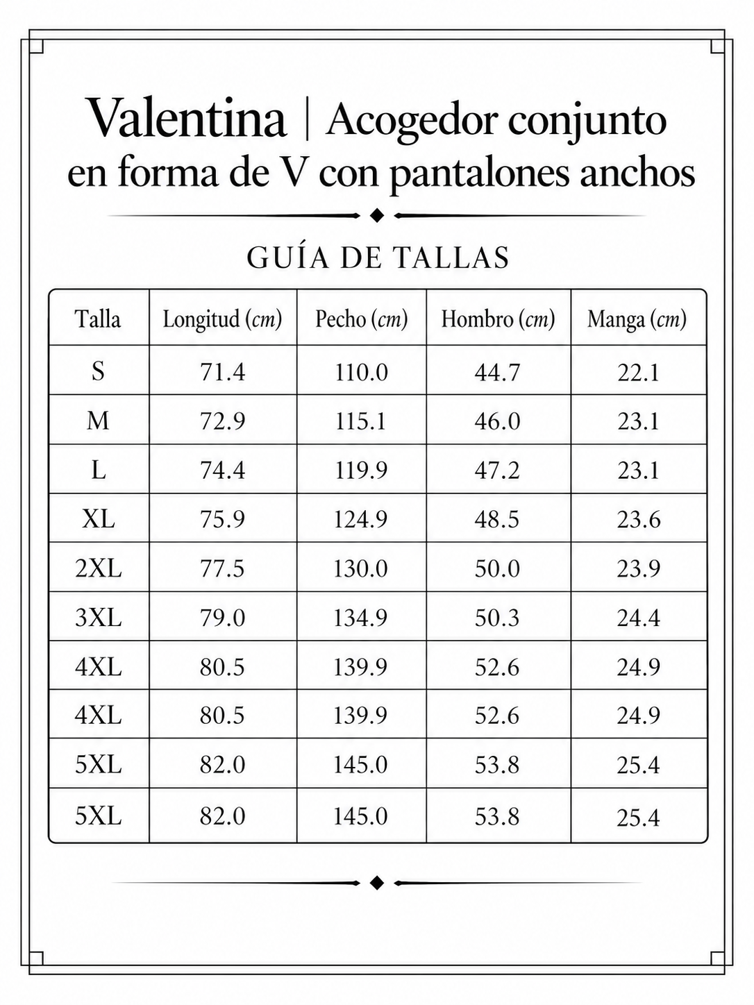 Valentina | Acogedor conjunto en forma de V con pantalones anchos size chart