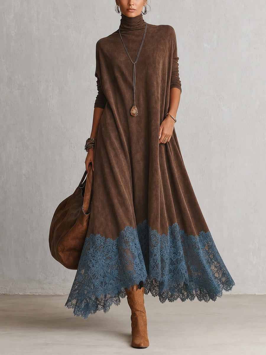 PERLA | VESTIDO LARGO EFECTO GAMUZA CON ACABADO EN ENCAJE