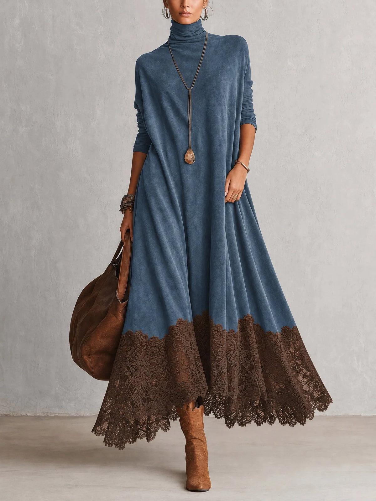 PERLA | VESTIDO LARGO EFECTO GAMUZA CON ACABADO EN ENCAJE