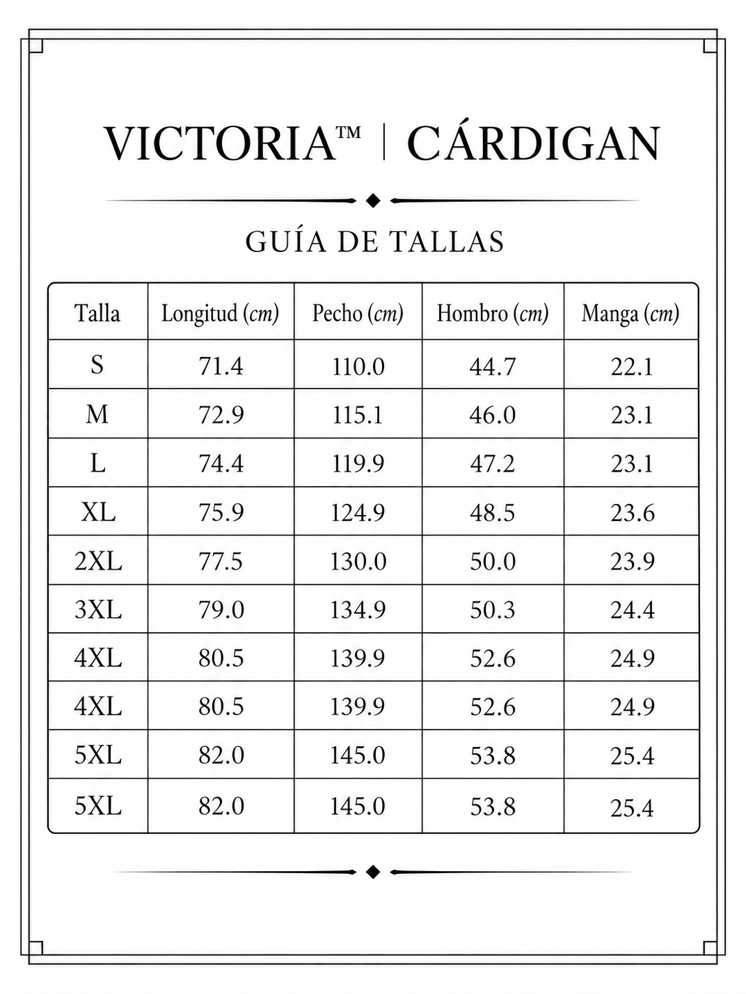 VICTORIA | CÁRDIGAN OVERSIZE CON BOTONES DORADOS GRANDES size chart