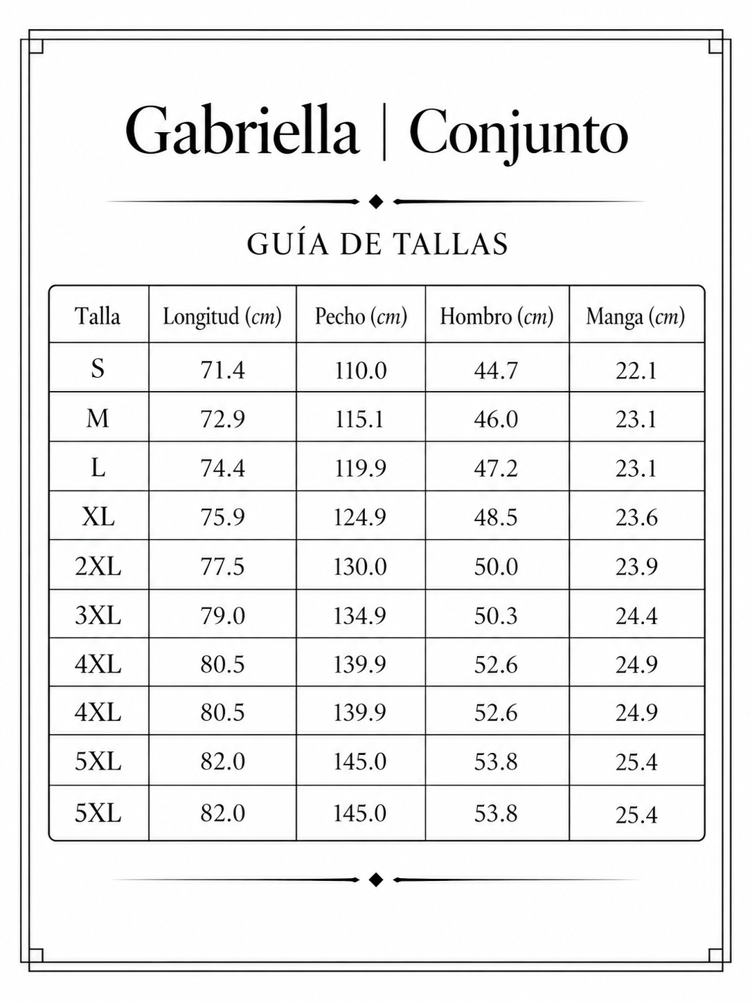 Gabriella | Conjunto con blusa drapeada y pantalón amplio size chart