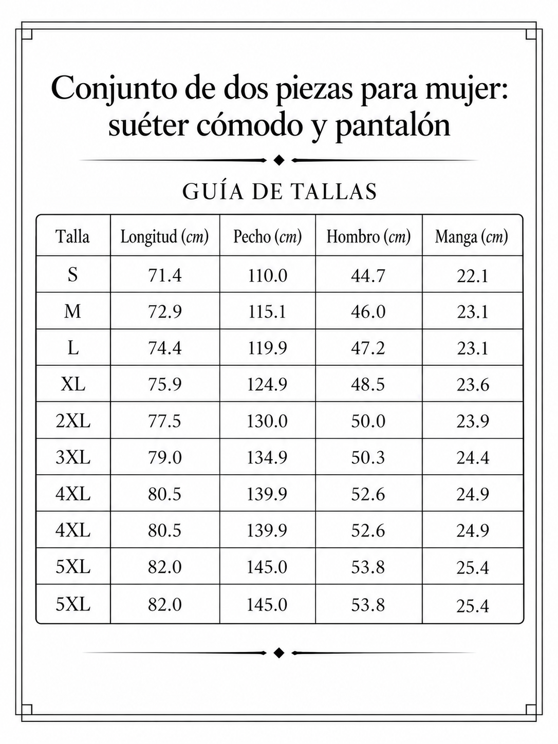 Conjunto de dos piezas para mujer: suéter cómodo y pantalón size chart
