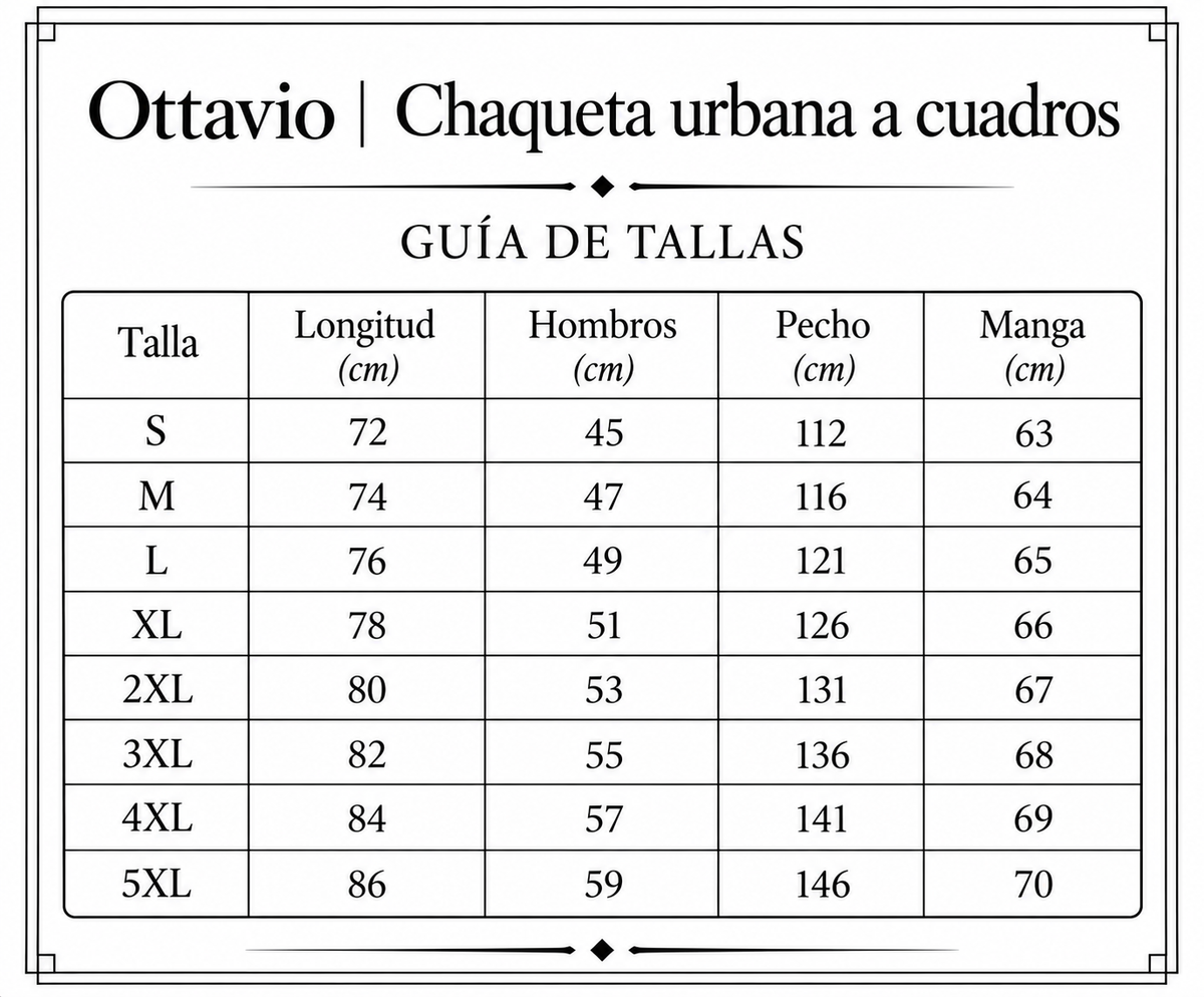 Octavio | Chaqueta urbana a cuadros size chart