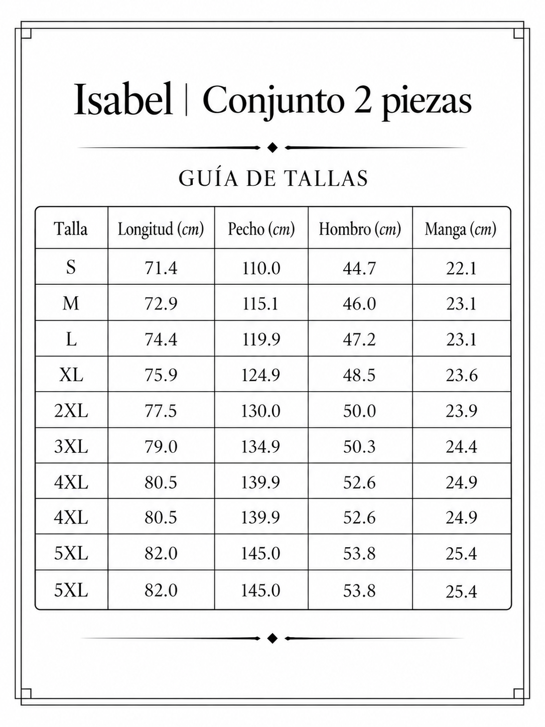 Isabel | Conjunto 2 piezas size chart