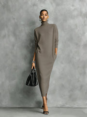 Genoveva™ Vestido Midi de Punto con Cuello Alto y Manga Larga