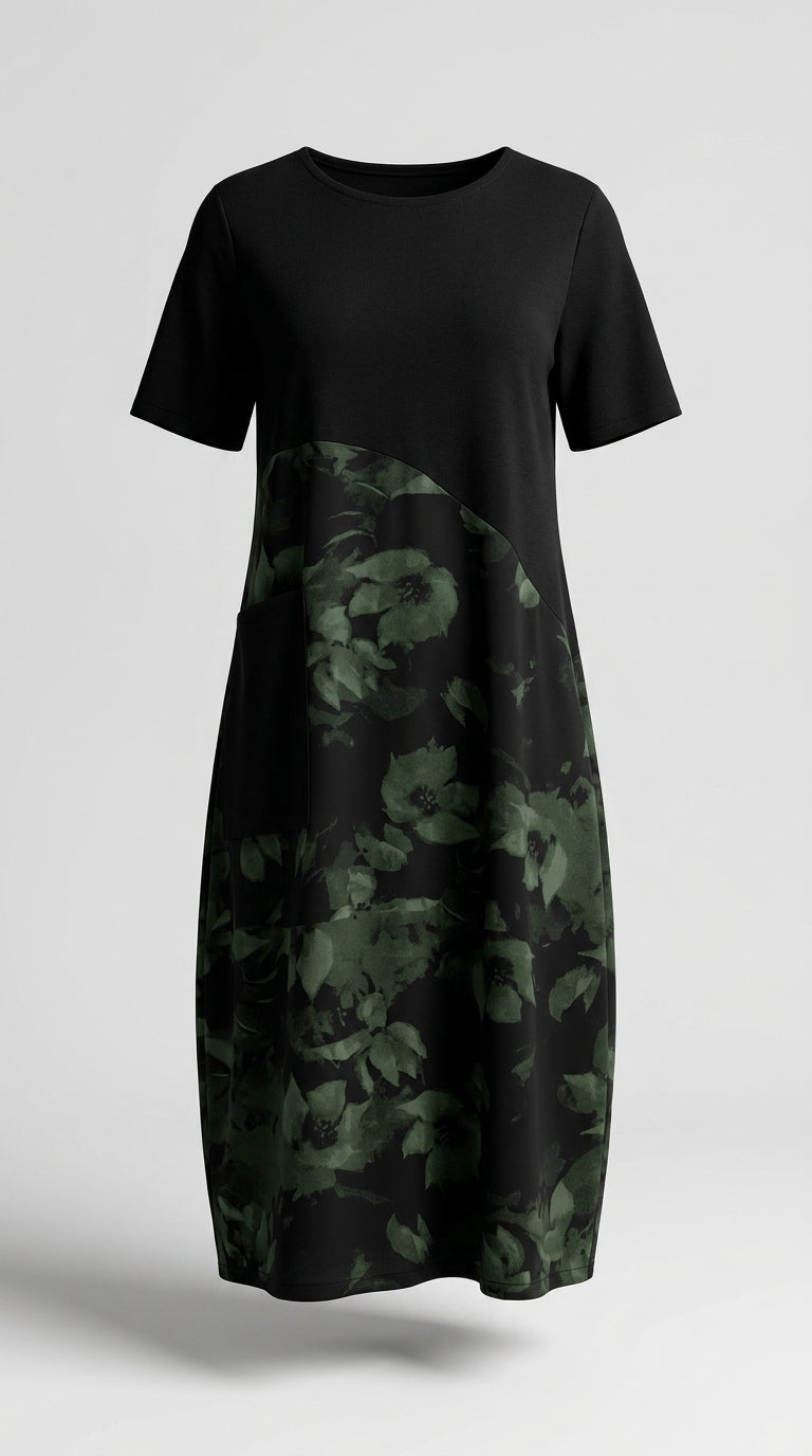 Blanca™ Vestido Patchwork con Flores y Cuello Redondo