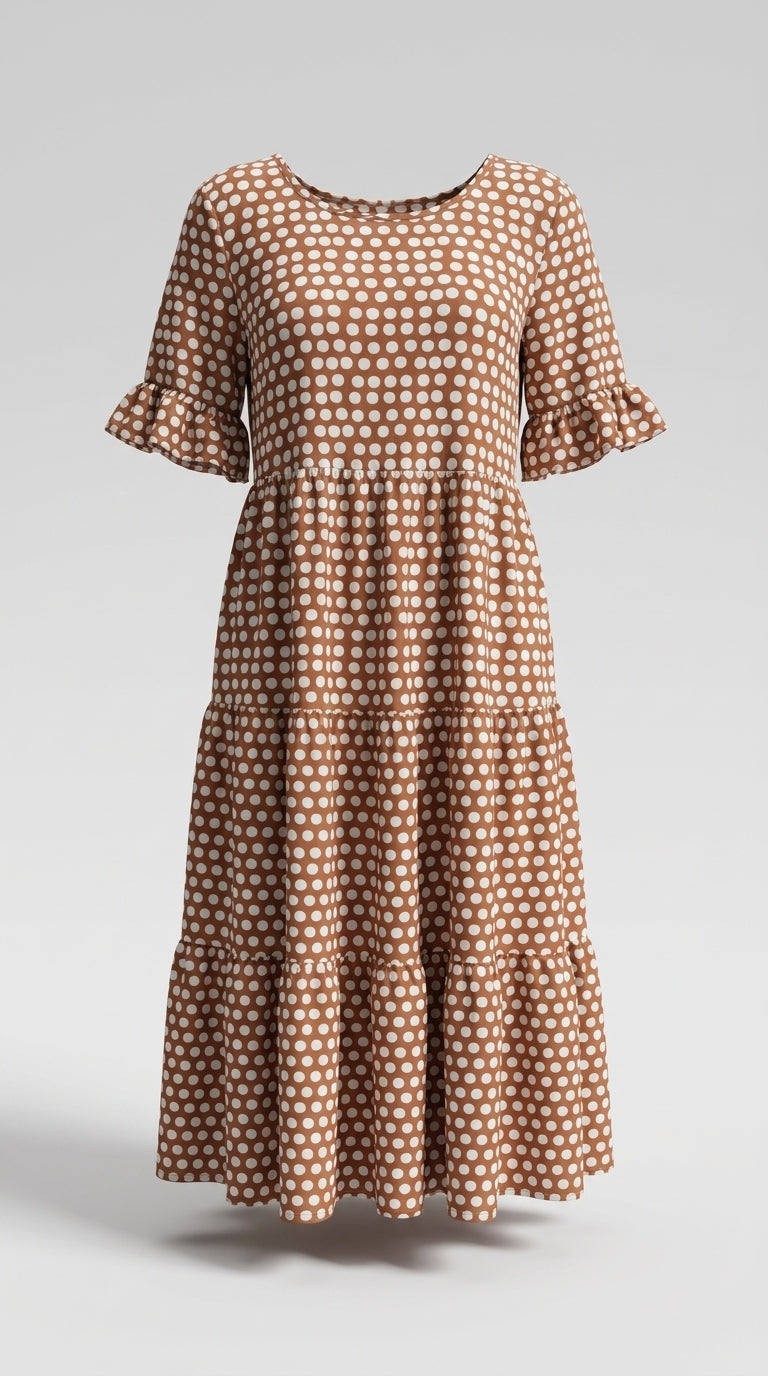 Leticia™ Vestido Midi de Lunares con Cuello Redondo Fluido