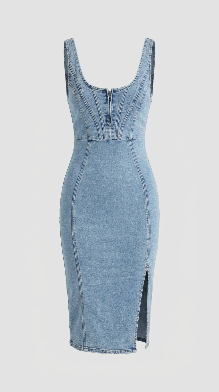 Delia™ Vestido de Mezclilla con Cuello Redondo, Casual Chic