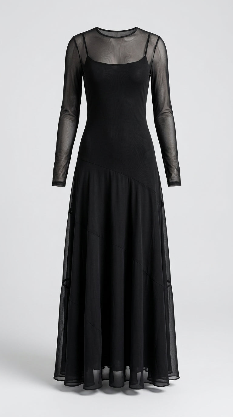 Filomena™ Vestido Maxi Vintage de Tul Negro con Mangas Semitransparentes