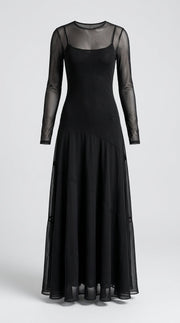 Filomena™ Vestido Maxi Vintage de Tul Negro con Mangas Semitransparentes