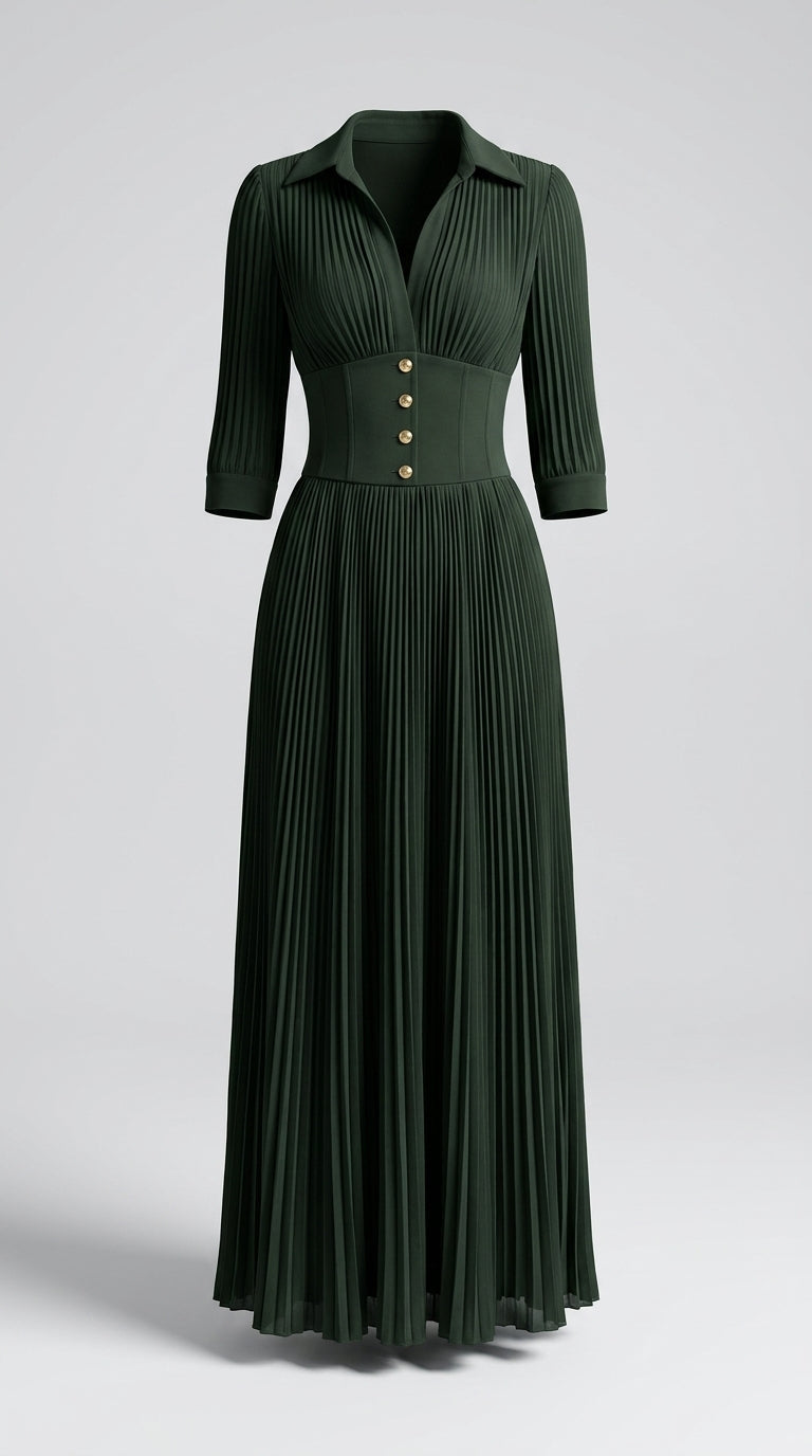 Salomé™ Vestido Maxi Elegante con Cuello Solapa y Falda Plisada