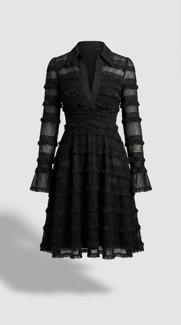 Zacapoaxtla™ Vestido Midi Negro con Flecos y Capas Semitransparentes