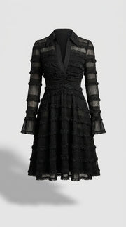 Zacapoaxtla™ Vestido Midi Negro con Flecos y Capas Semitransparentes