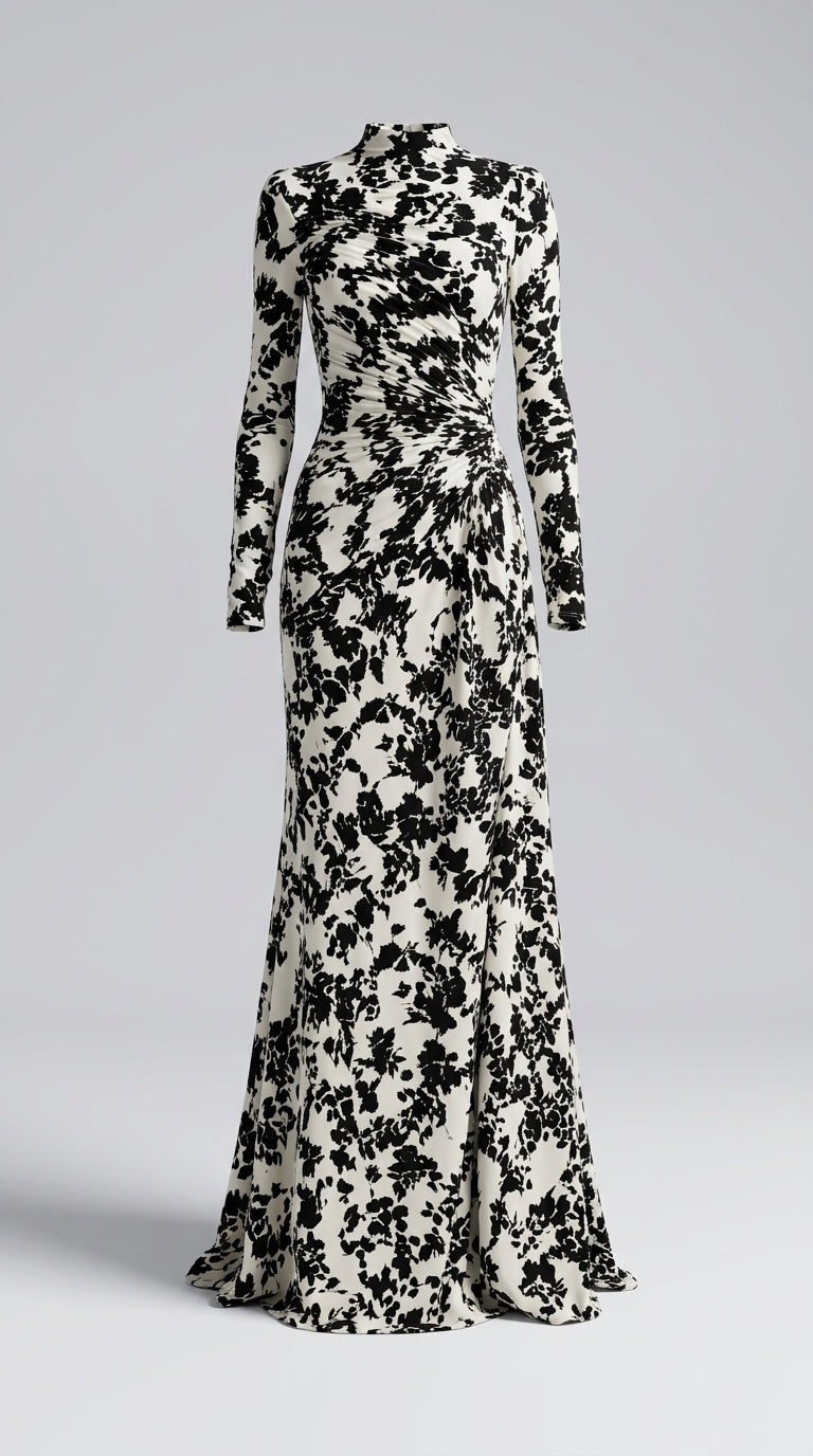 Eduviges™ Vestido Maxi Floral Elegante, Cuello Alto, Manga Larga