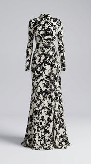 Eduviges™ Vestido Maxi Floral Elegante, Cuello Alto, Manga Larga