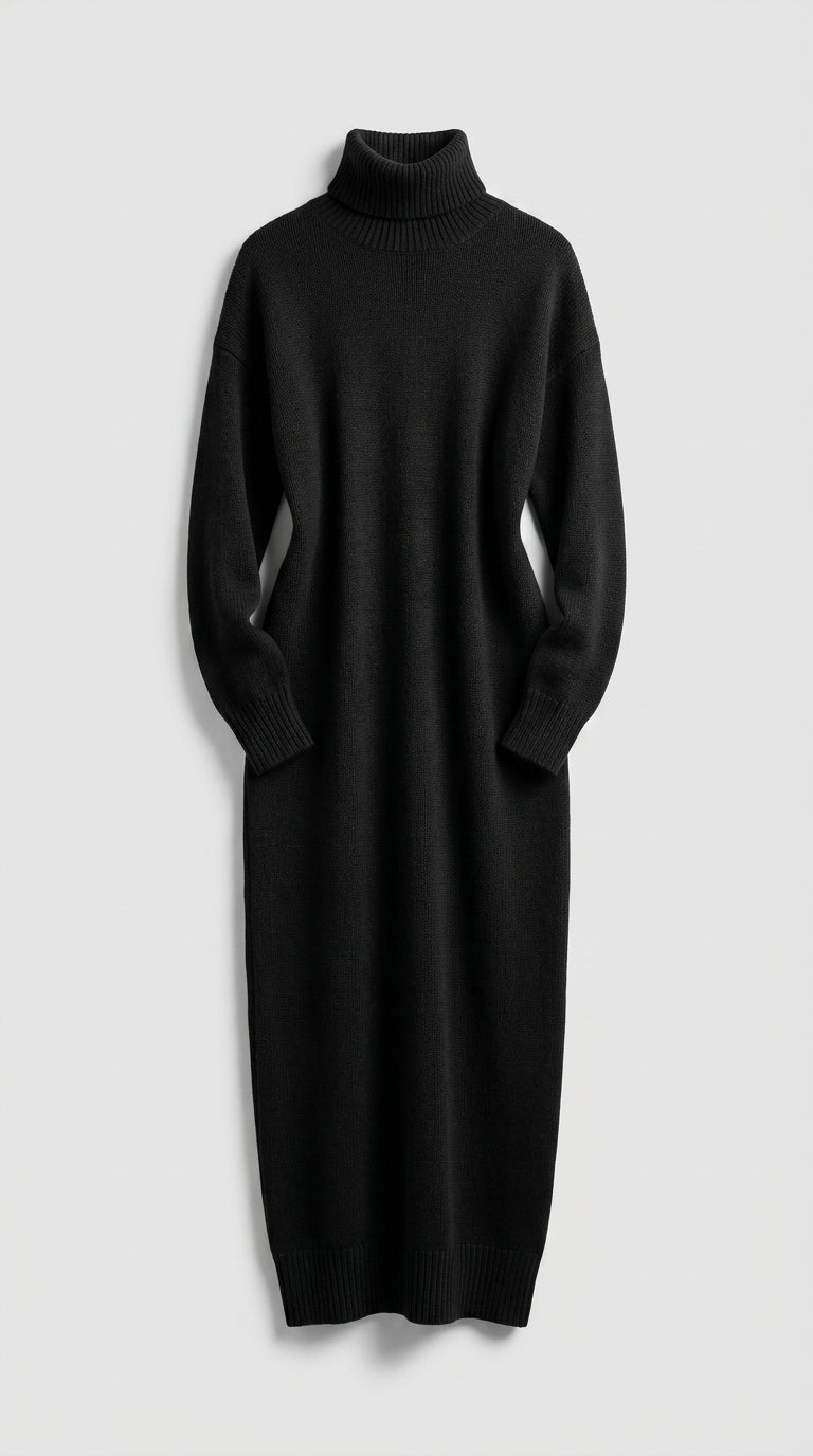Genoveva™ Vestido Midi de Punto con Cuello Alto y Manga Larga