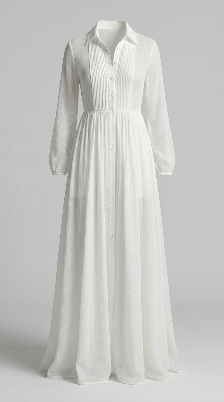 Purépecha™ Vestido Maxi en Algodón y Lino con Cuello Alto