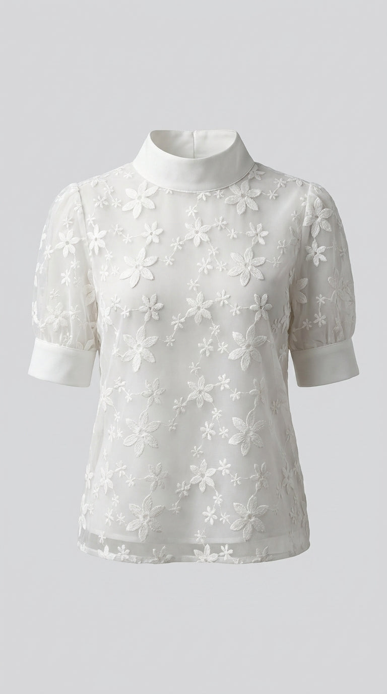 Comitán™ Blusa Casual de Encaje con Cuello Mandarín Oculto