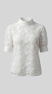 Comitán™ Blusa Casual de Encaje con Cuello Mandarín Oculto