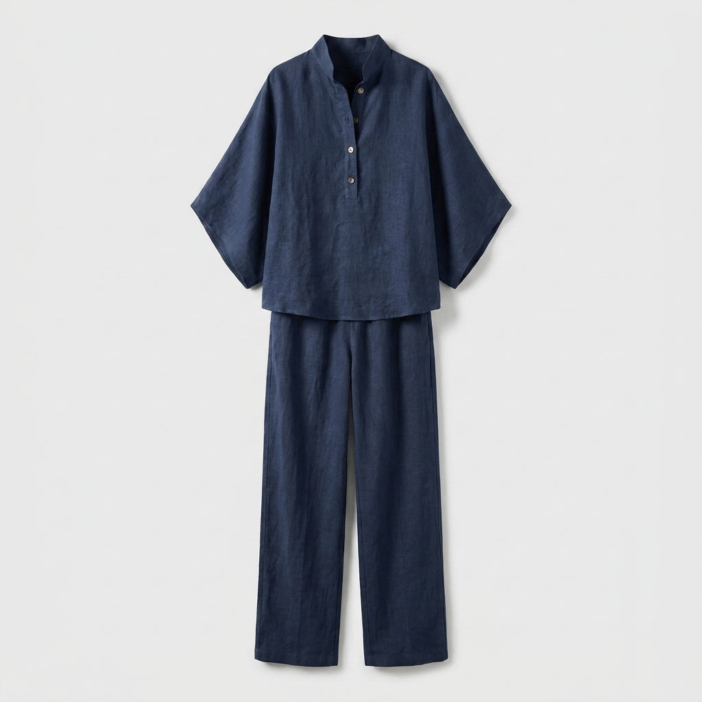 Ismelda | Conjunto de Lino con Mangas Murciélago y Pantalón Ancho