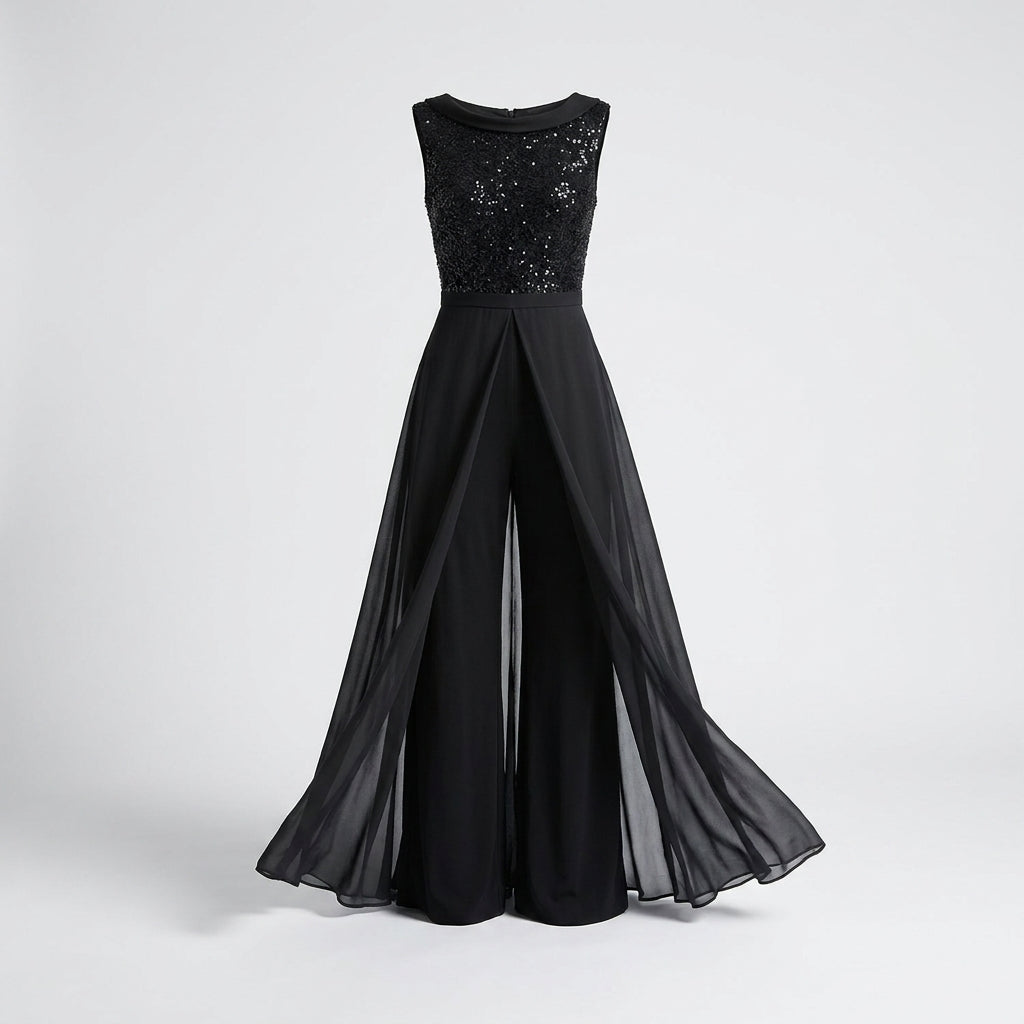 Georgina™ Jumpsuit de Gala Negro con Falda de Chifón Superpuesta