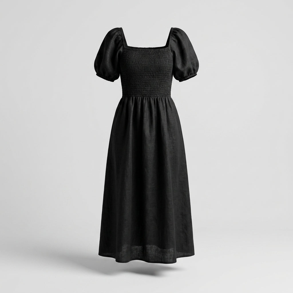 Zirahuén™ Vestido Midi de Lino con Textura de Panal y Mangas Abullonadas
