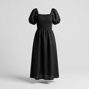Zirahuén™ Vestido Midi de Lino con Textura de Panal y Mangas Abullonadas