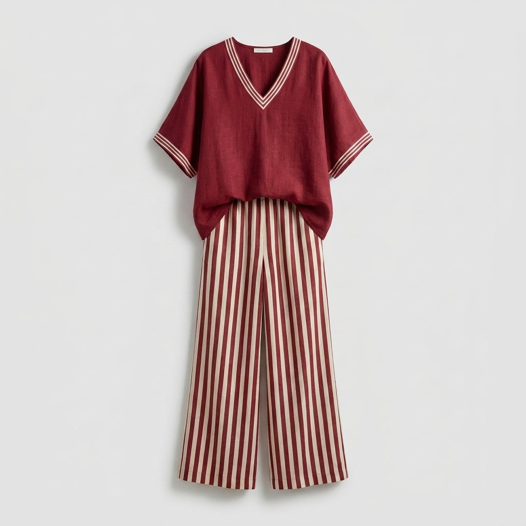 Aidee™ Conjunto Dúo de Lino a Rayas para Mujer, Ajuste Relajado