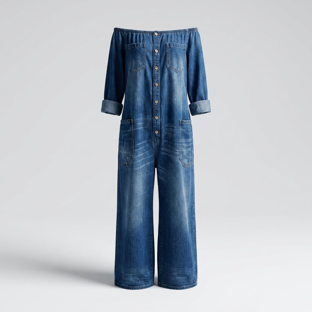 Chalchiuitl™ Jumpsuit de Mezclilla con Hombros Descubiertos y Pantalón Acampanado