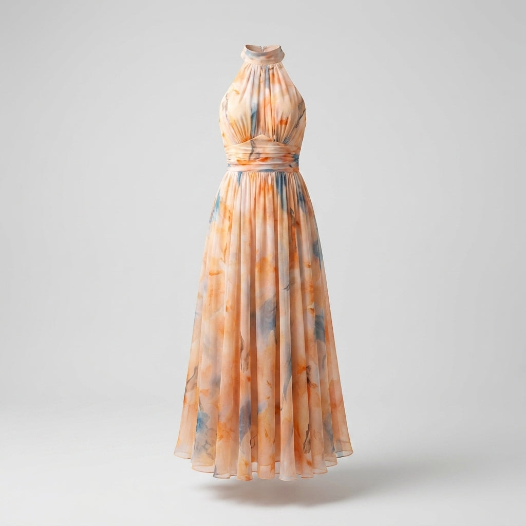 Amelia™ Vestido Midi Halter Fluido con Estampado Acuarela