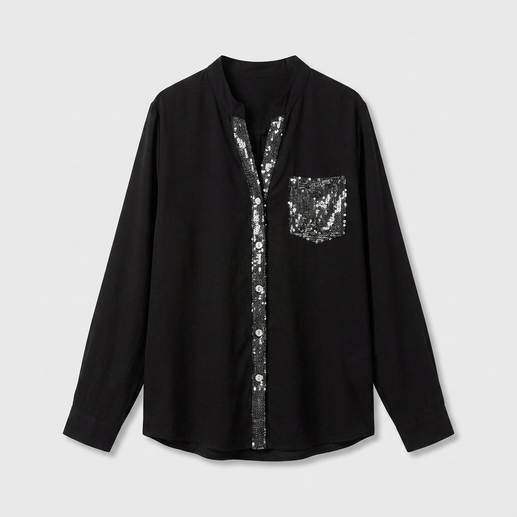 Karla™ Blusa Negra con Detalles Brillantes, Corte Fluido