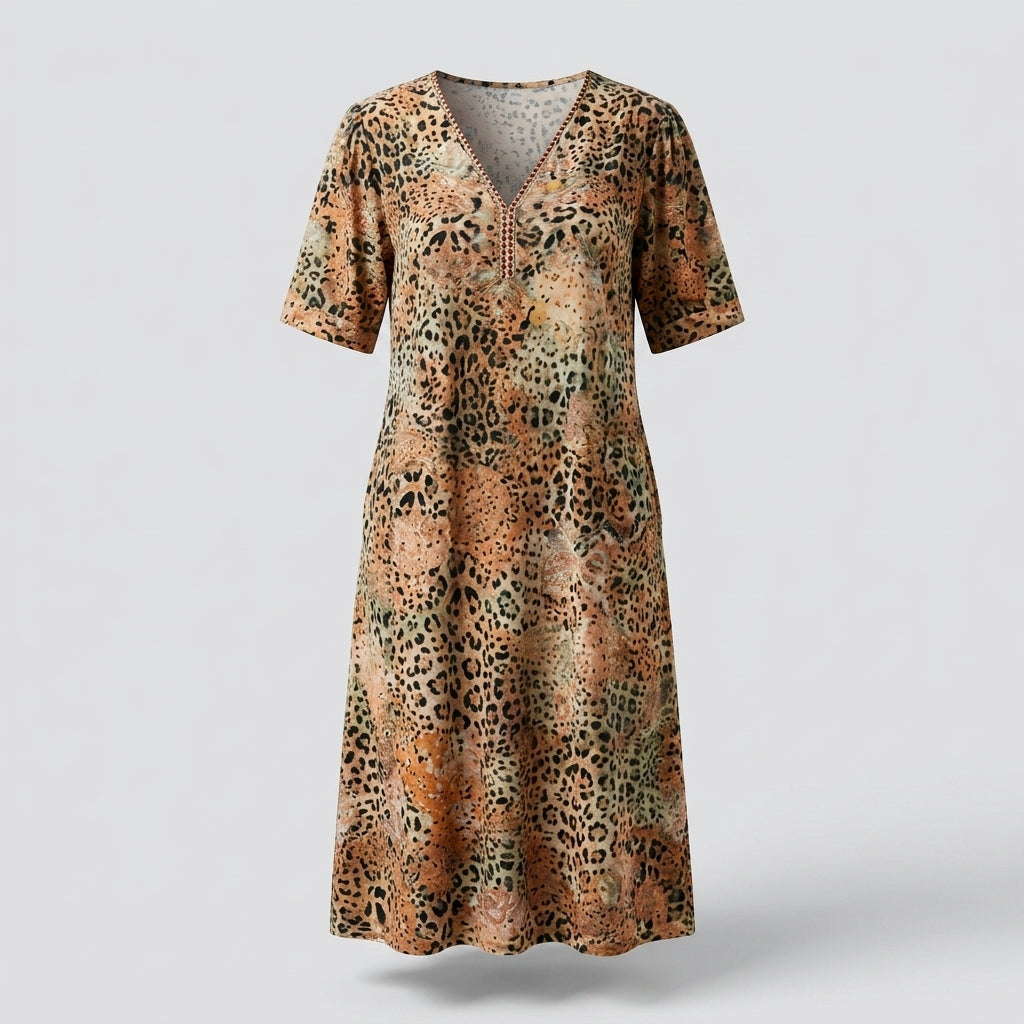 Cempoala™ Vestido Midi con Estampado Animal, Bolsillos y Manga Corta