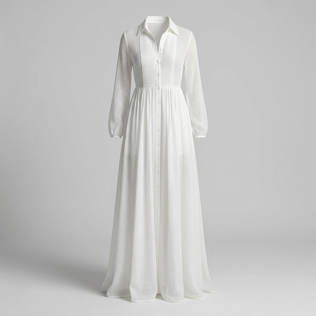 Purépecha™ Vestido Maxi en Algodón y Lino con Cuello Alto