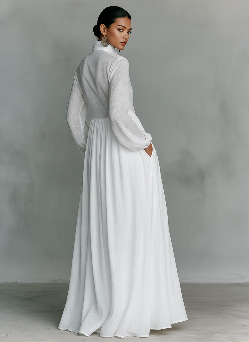Purépecha™ Vestido Maxi en Algodón y Lino con Cuello Alto
