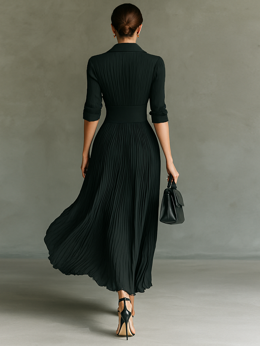 Salomé™ Vestido Maxi Elegante con Cuello Solapa y Falda Plisada