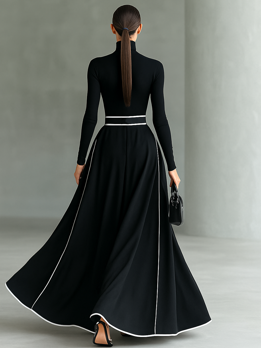 Hermelinda™ Vestido Maxi Negro Entallado con Cuello Alto Elegante