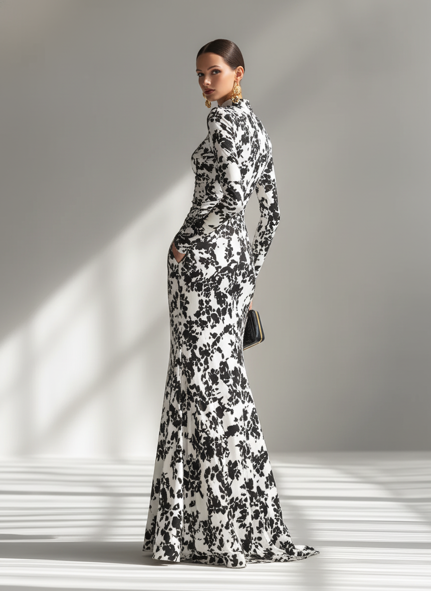Eduviges™ Vestido Maxi Floral Elegante, Cuello Alto, Manga Larga