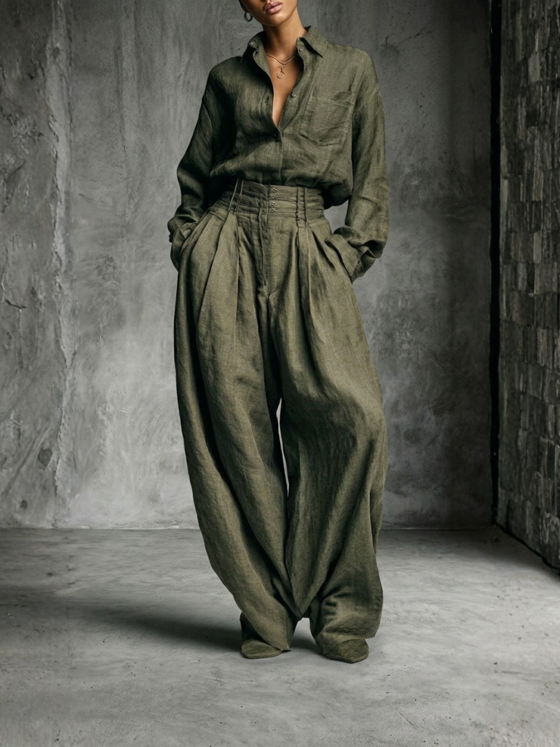 Tzintzuntzan™ Conjunto para Mujer en Algodón y Lino, Camisa y Pantalón Ancho