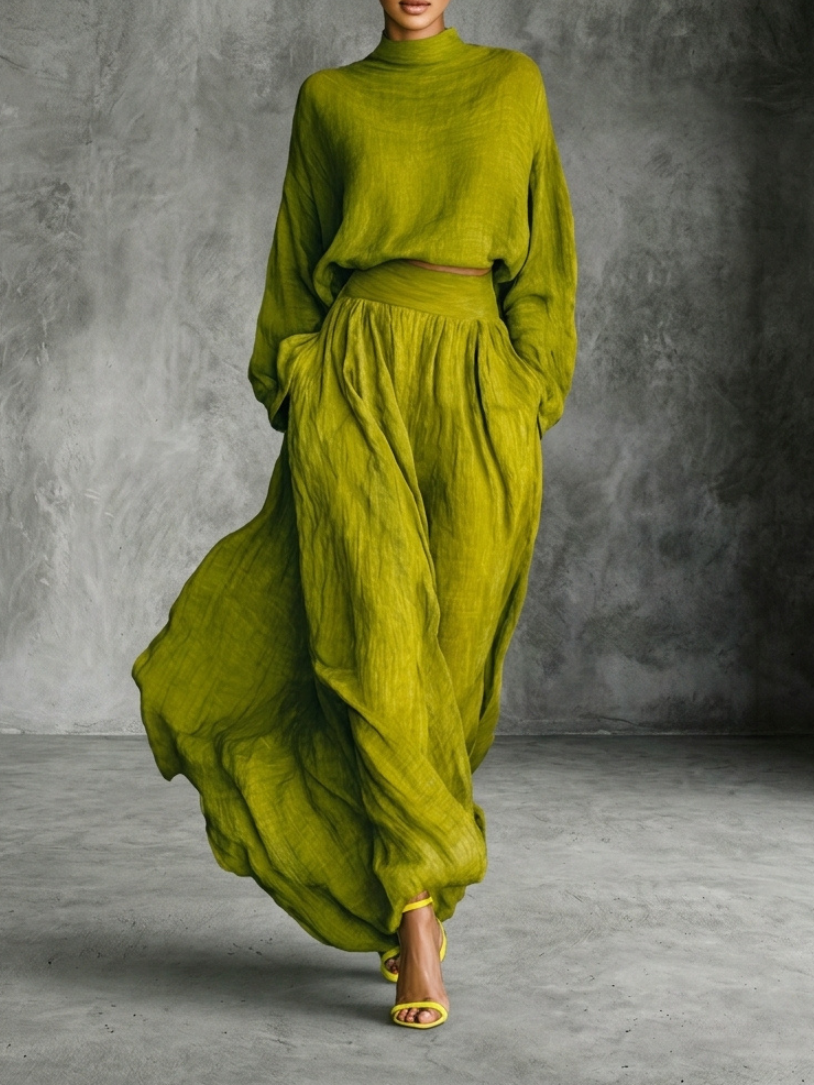 Mitla™ Conjunto Verde para Mujer en Algodón y Lino con Pantalón Ancho