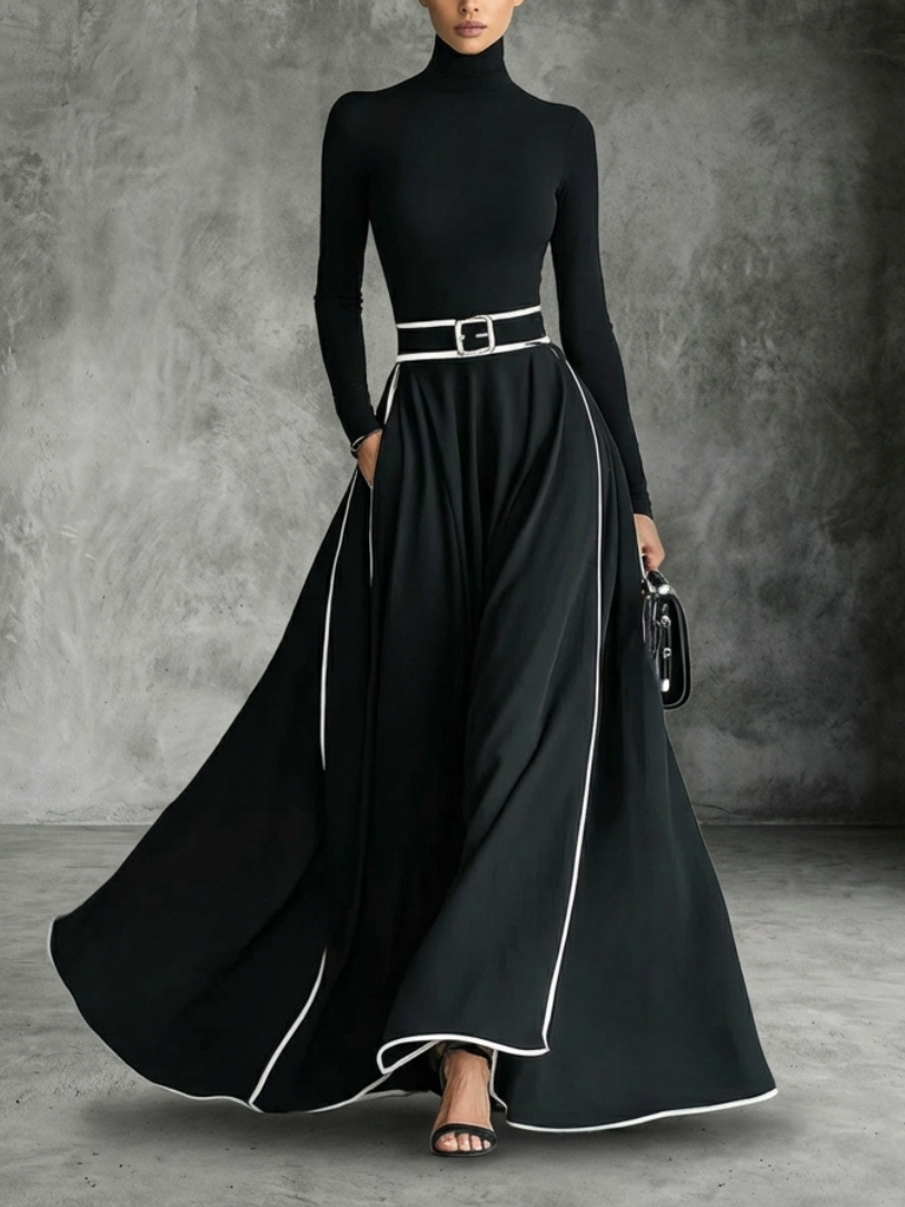 Hermelinda™ Vestido Maxi Negro Entallado con Cuello Alto Elegante