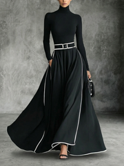 Hermelinda™ Vestido Maxi Negro Entallado con Cuello Alto Elegante