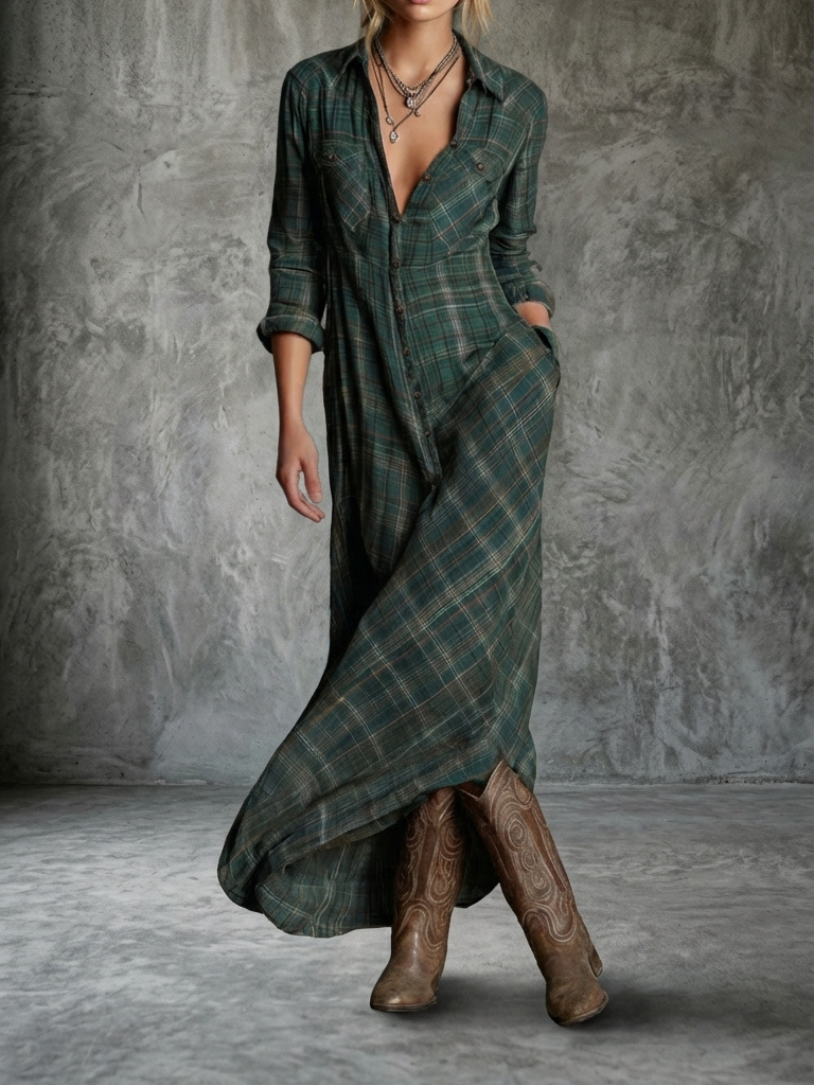 Facunda™ Vestido Maxi de Rayas con Cuello, Estilo Camisero para Mujer