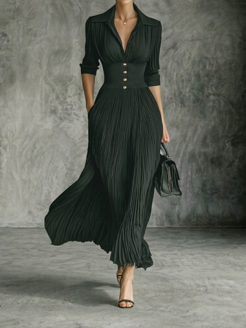 Salomé™ Vestido Maxi Elegante con Cuello Solapa y Falda Plisada