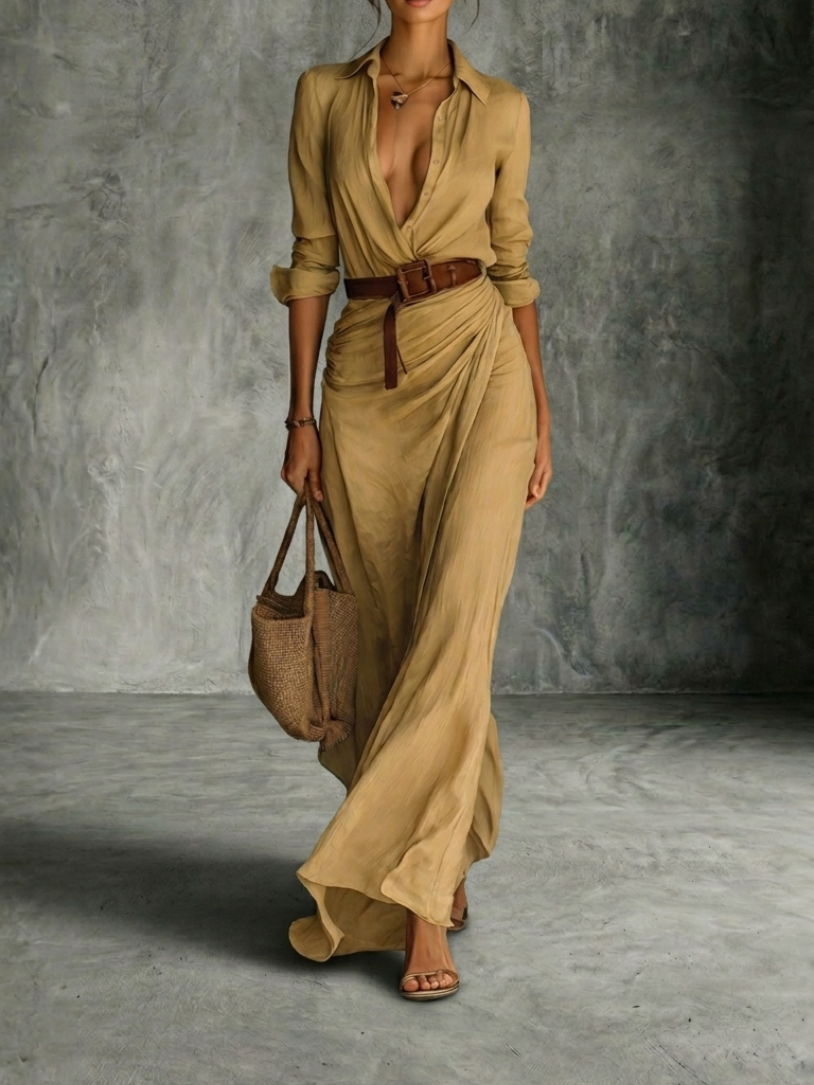 Tonalá™ Vestido Maxi Elegante para Mujer con Cuello y Cinturón Incluido