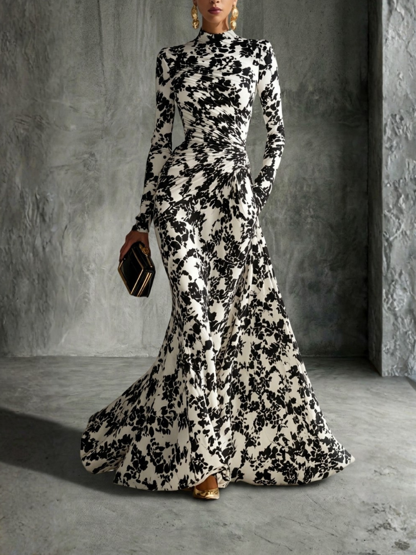 Eduviges™ Vestido Maxi Floral Elegante, Cuello Alto, Manga Larga