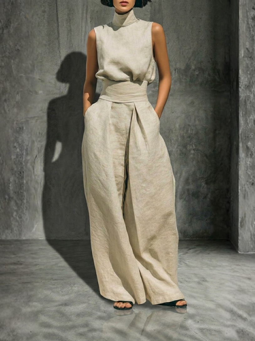 Conjunto Marcelina de Blusa sin Mangas y Pantalón de Pierna Ancha en Algodón y Lino